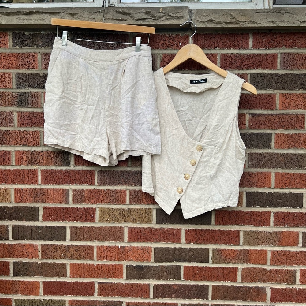 SHEIN Cream Oatmeal Linen Asymmetrical Button Front Sleeveless and Shorts Set
